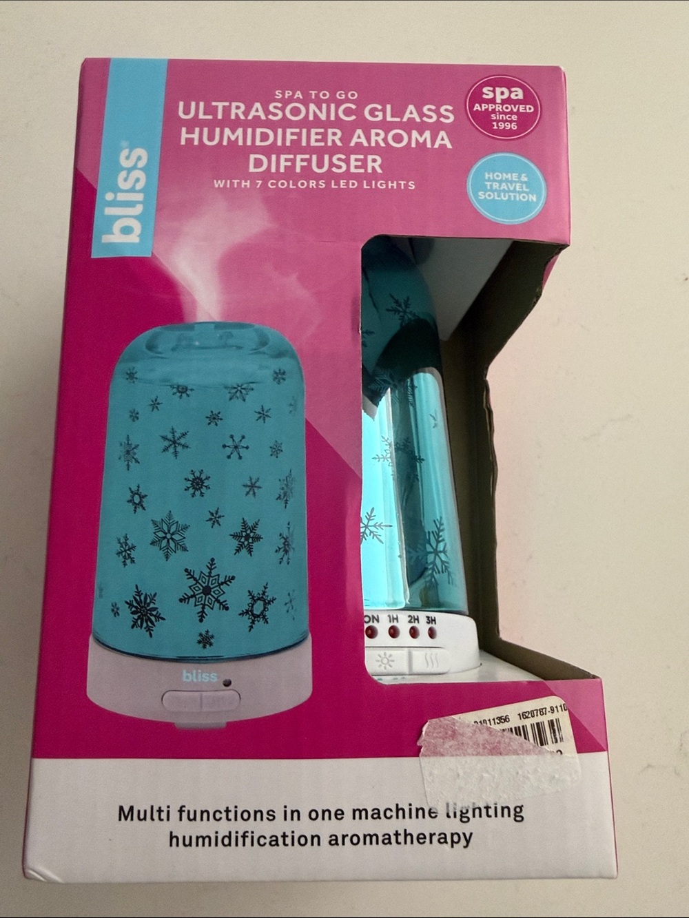 NIB Bliss Blue Ultrasonic Glass Humidifier Aroma Diffuser 7 color led lights